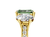 Yellow gold Three-Stone Fancy Green Emerald  Diamond Milgrain Pave Band with Prong Setting