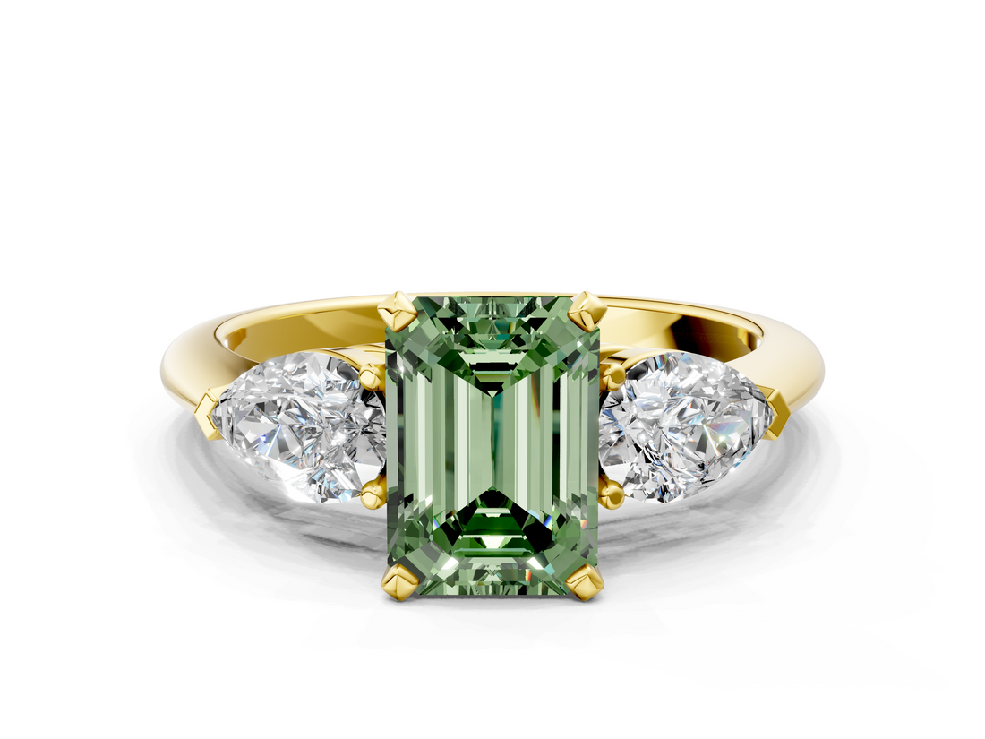 Yellow gold Three-Stone Fancy Green Emerald  Diamond Ring with Pear Side Stones in Four-Prong Setting_42