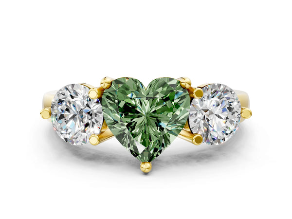 Yellow gold Three-Stone Fancy Green Heart  Brilliant Cut Solitaire Ring with Prong Setting on a Classic Band