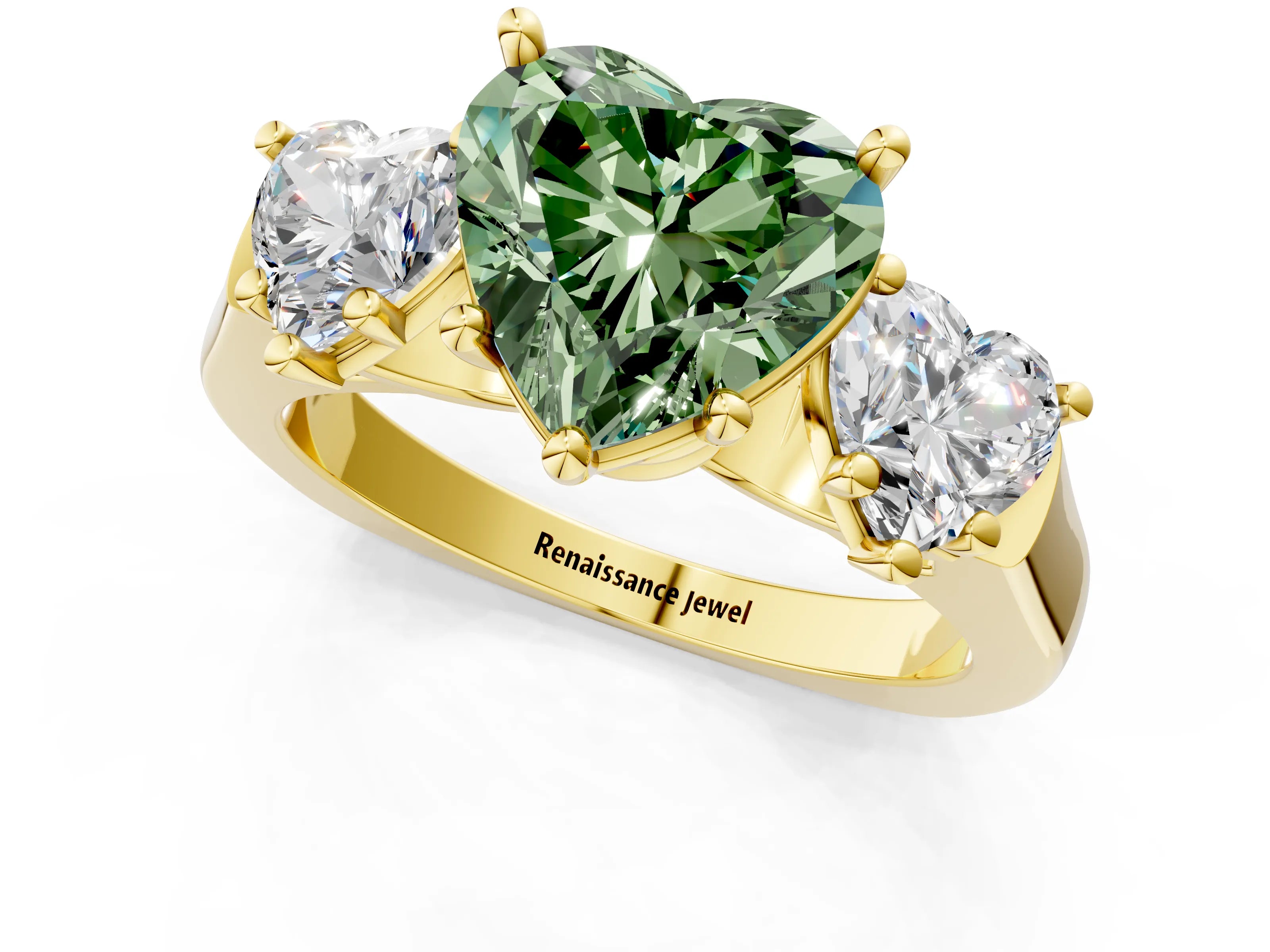 Yellow gold Three-Stone Fancy Green Heart Cut Brilliant Diamond Trellis Ring with Comfort Fit Band_1