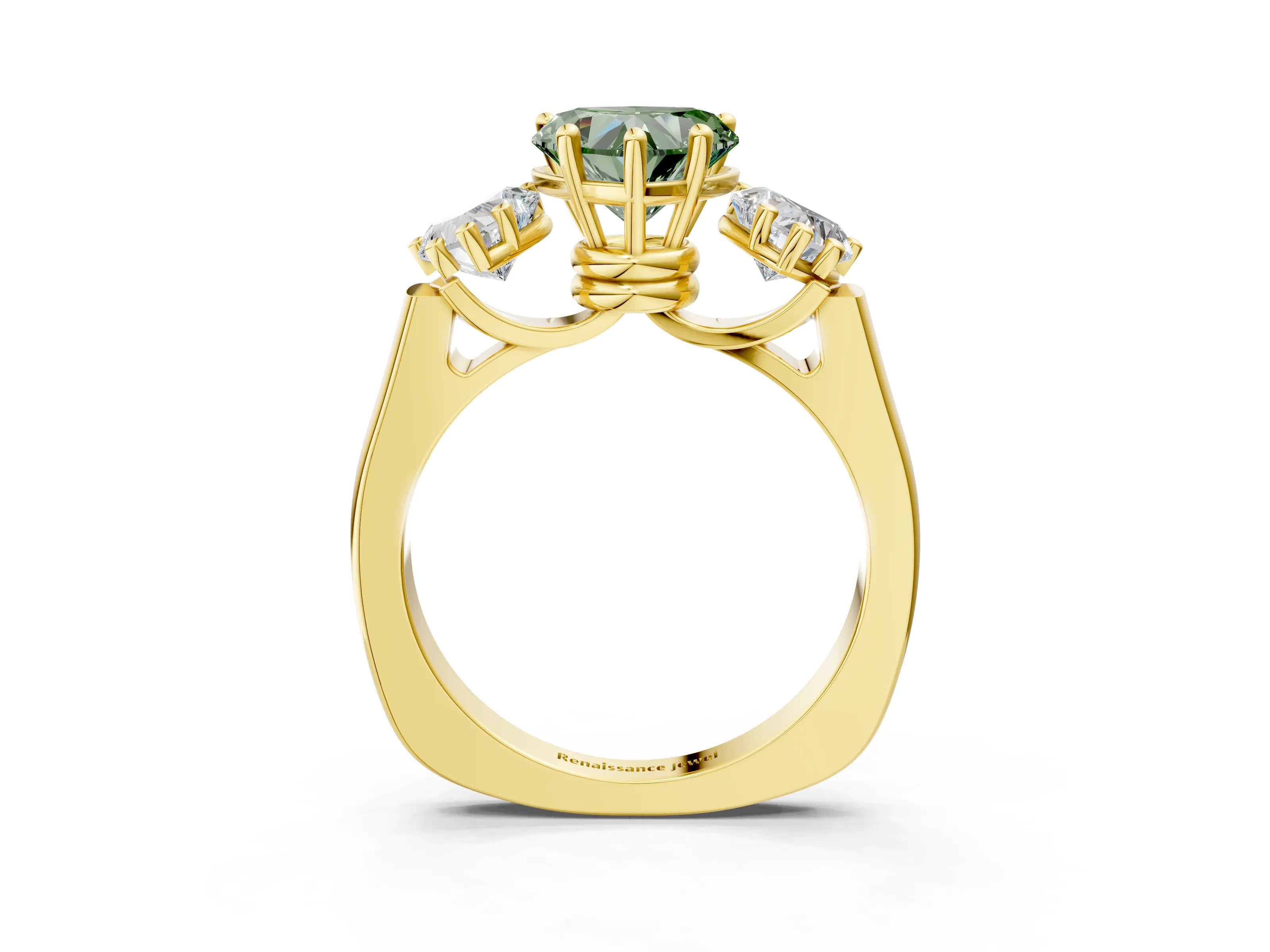 Yellow gold Three-Stone Fancy Green Heart Cut Brilliant Diamond Trellis Ring with Comfort Fit Band_3