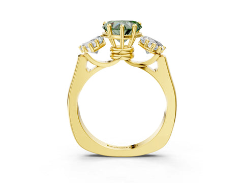 Yellow gold Three-Stone Fancy Green Heart Cut Brilliant Diamond Trellis Ring with Comfort Fit Band_3