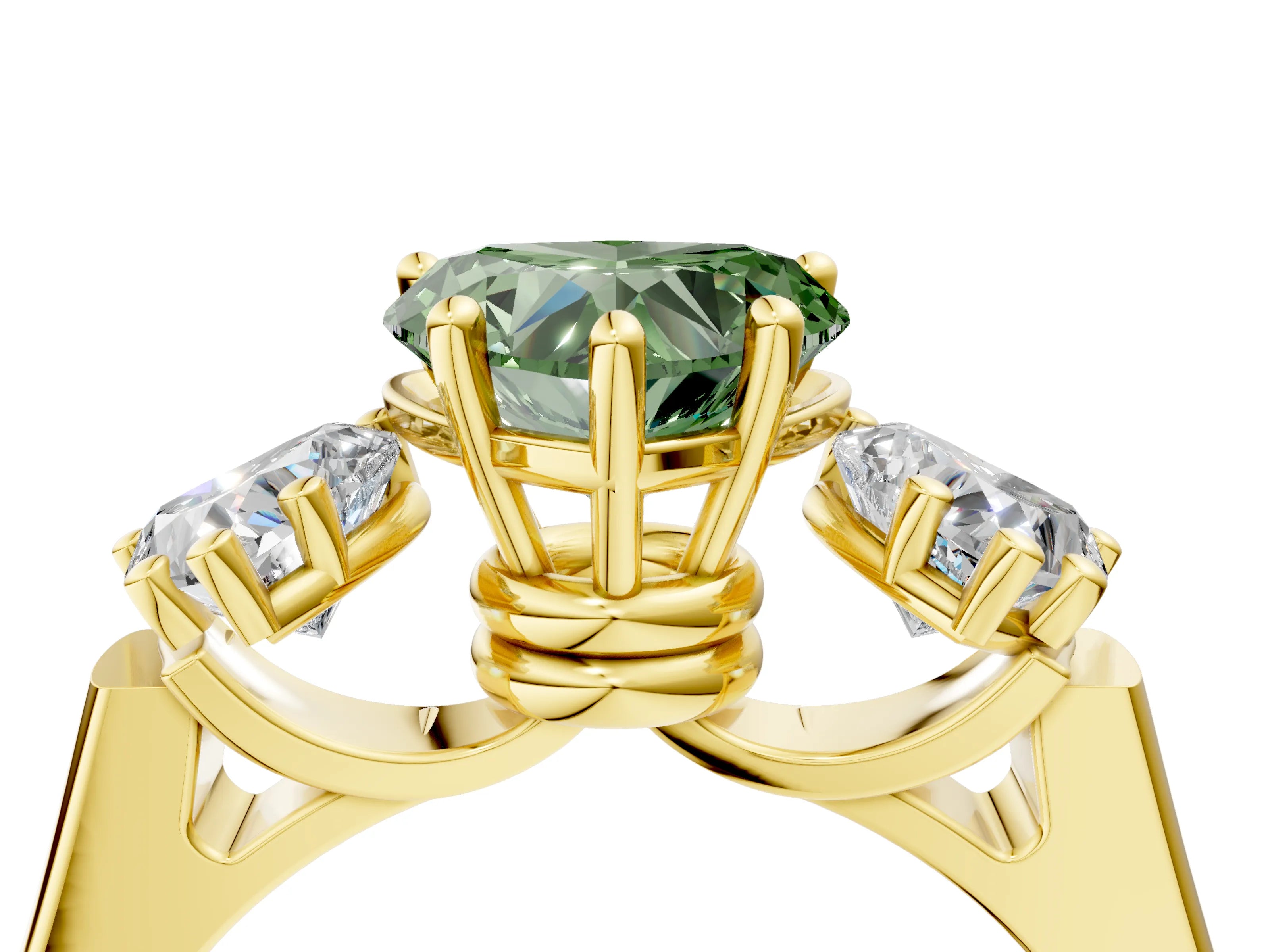 Yellow gold Three-Stone Fancy Green Heart Cut Brilliant Diamond Trellis Ring with Comfort Fit Band_4