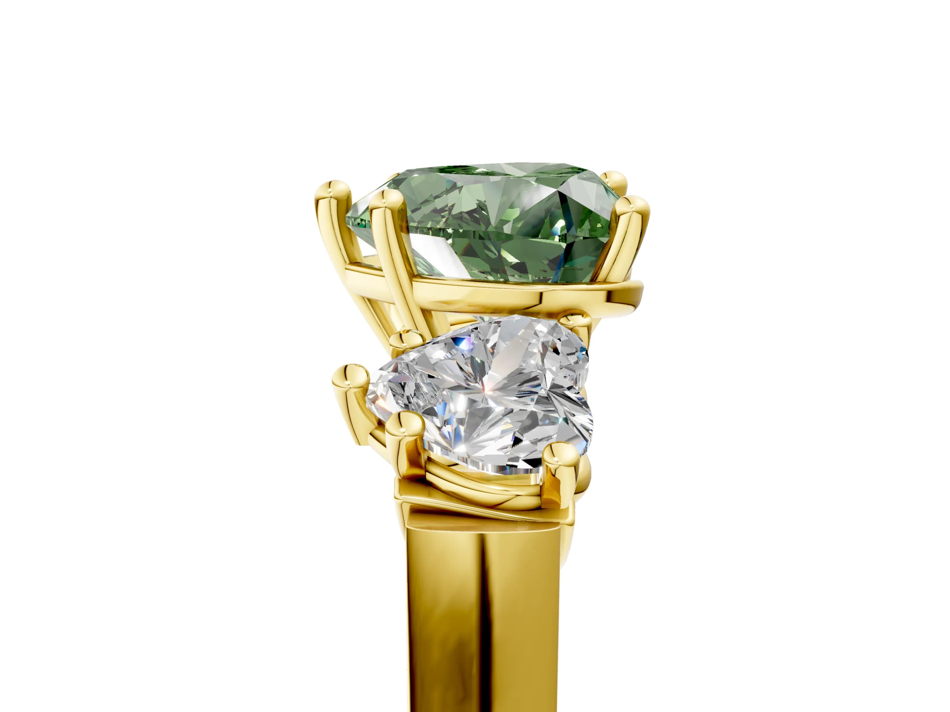 Yellow gold Three-Stone Fancy Green Heart Cut Brilliant Diamond Trellis Ring with Comfort Fit Band_5
