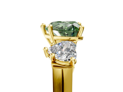 Yellow gold Three-Stone Fancy Green Heart Cut Brilliant Diamond Trellis Ring with Comfort Fit Band_5