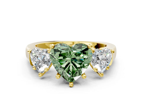 Yellow gold Three-Stone Fancy Green Heart Cut Brilliant Diamond Trellis Ring with Comfort Fit Band