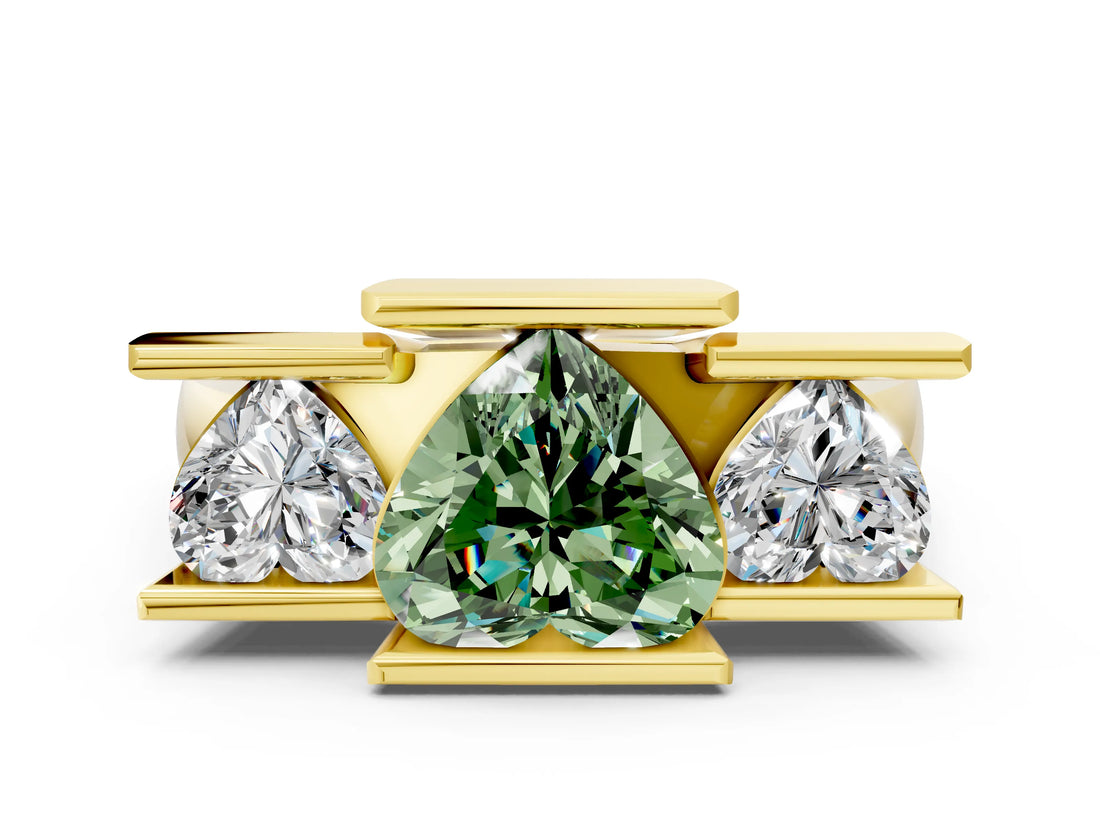 Yellow gold Three Stone Fancy Green Heart Cut Cut Channel Set Diamond Ring