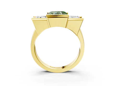 Yellow gold Three Stone Fancy Green Heart Cut Cut Channel Set Diamond Ring_3