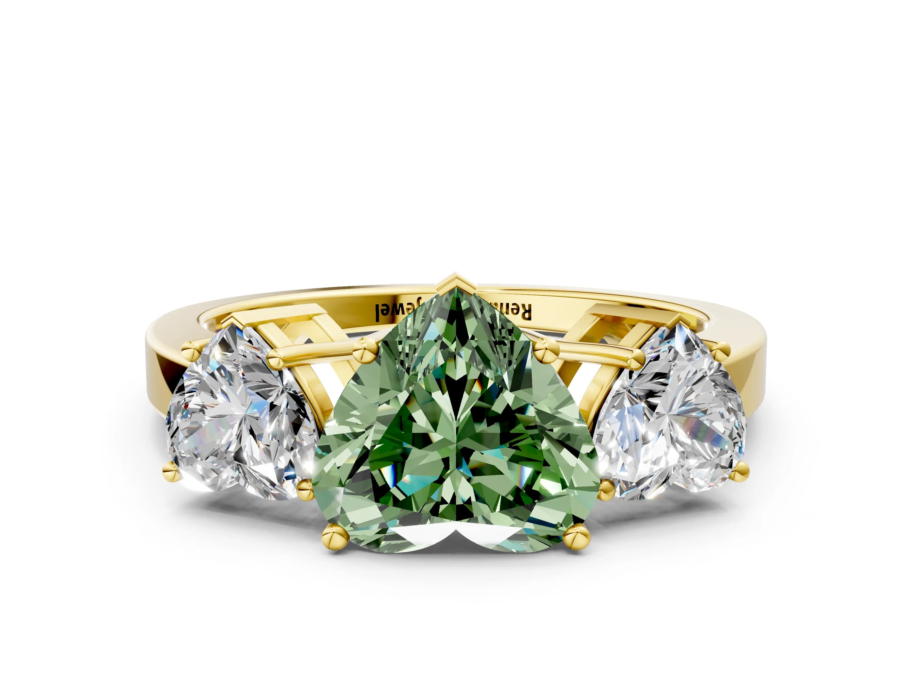 Yellow gold Three-Stone Fancy Green Heart Cut Cut Diamond Engagement Ring with Flat Band and Four-Prong Setting