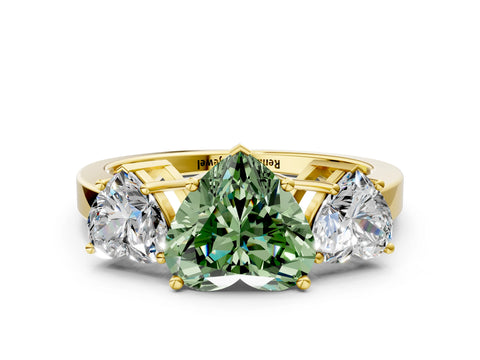 Yellow gold Three-Stone Fancy Green Heart Cut Cut Diamond Engagement Ring with Flat Band and Four-Prong Setting