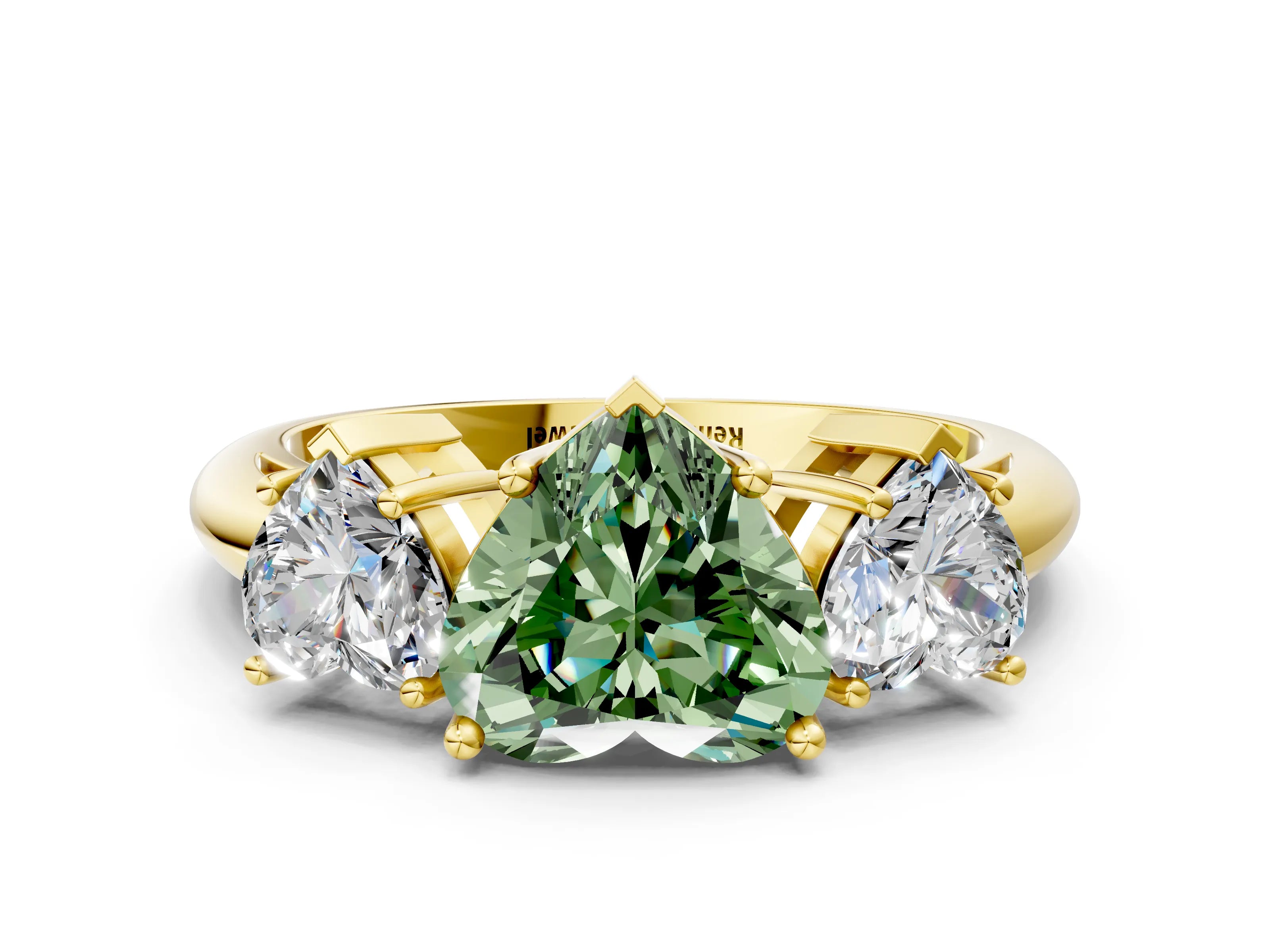 Yellow gold Three-Stone Fancy Green Heart Cut Cut Diamond Engagement Ring with Prong Setting on a White Gold Band