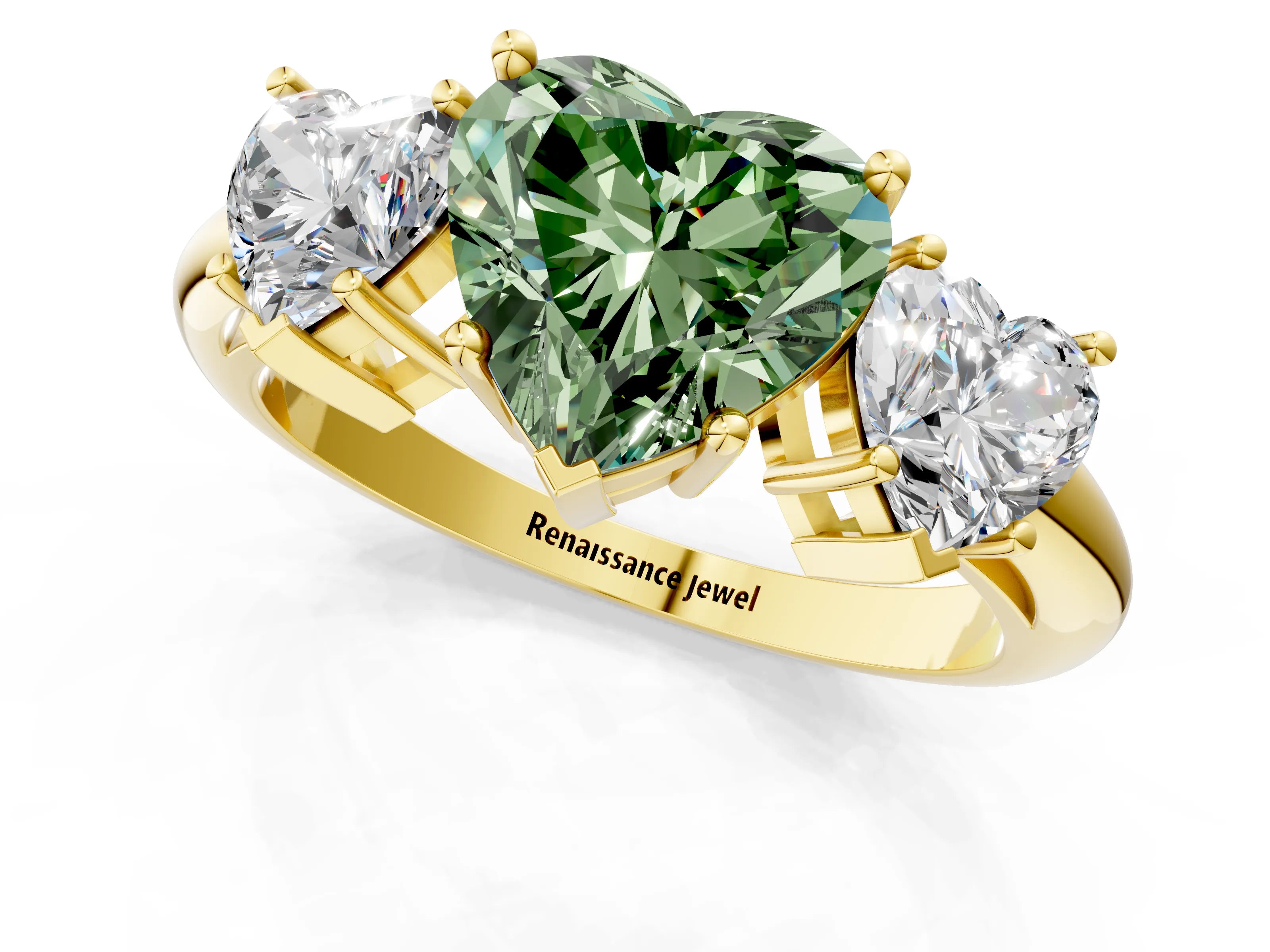 Yellow gold Three-Stone Fancy Green Heart Cut Cut Diamond Engagement Ring with Prong Setting on a White Gold Band_1
