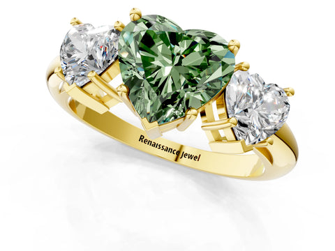 Yellow gold Three-Stone Fancy Green Heart Cut Cut Diamond Engagement Ring with Prong Setting on a White Gold Band_1