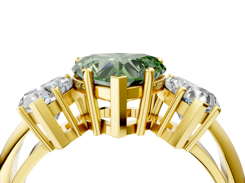 Yellow gold Three-Stone Fancy Green Heart Cut Cut Diamond Engagement Ring with Prong Setting on a White Gold Band_4