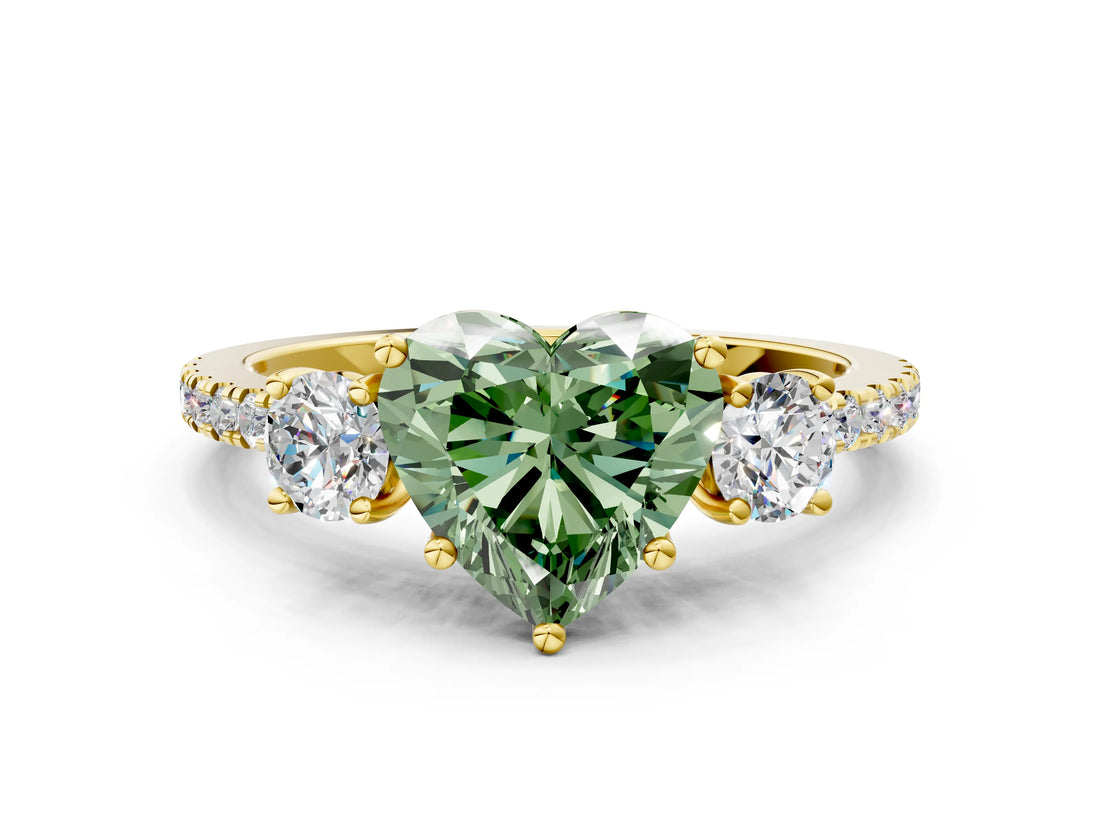Yellow gold Three-Stone Fancy Green Heart Cut Cut Diamond Pavé Band with Prong Setting_15