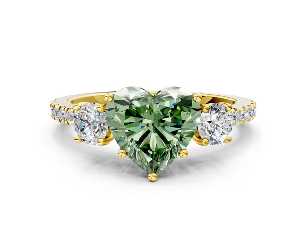 Yellow gold Three-Stone Fancy Green Heart Cut Cut Diamond Pavé Band with Prong Setting