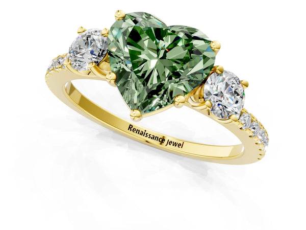 Yellow gold Three-Stone Fancy Green Heart Cut Cut Diamond Pavé Band with Prong Setting