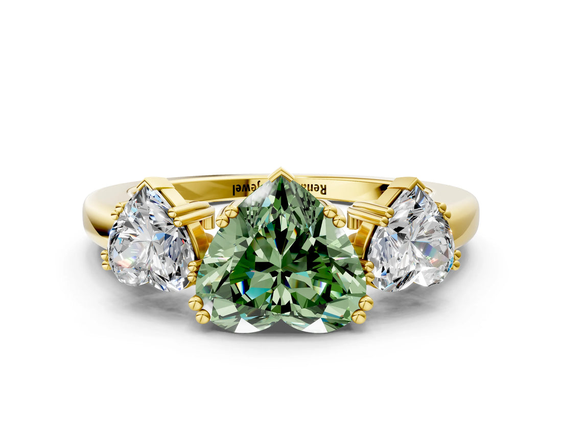 Yellow gold Three-Stone Fancy Green Heart Cut Cut Diamond Ring with Channel Set Band and Four-Prong Setting