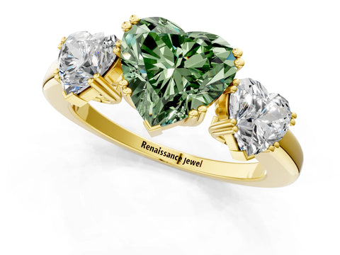 Yellow gold Three-Stone Fancy Green Heart Cut Cut Diamond Ring with Channel Set Band and Four-Prong Setting_1