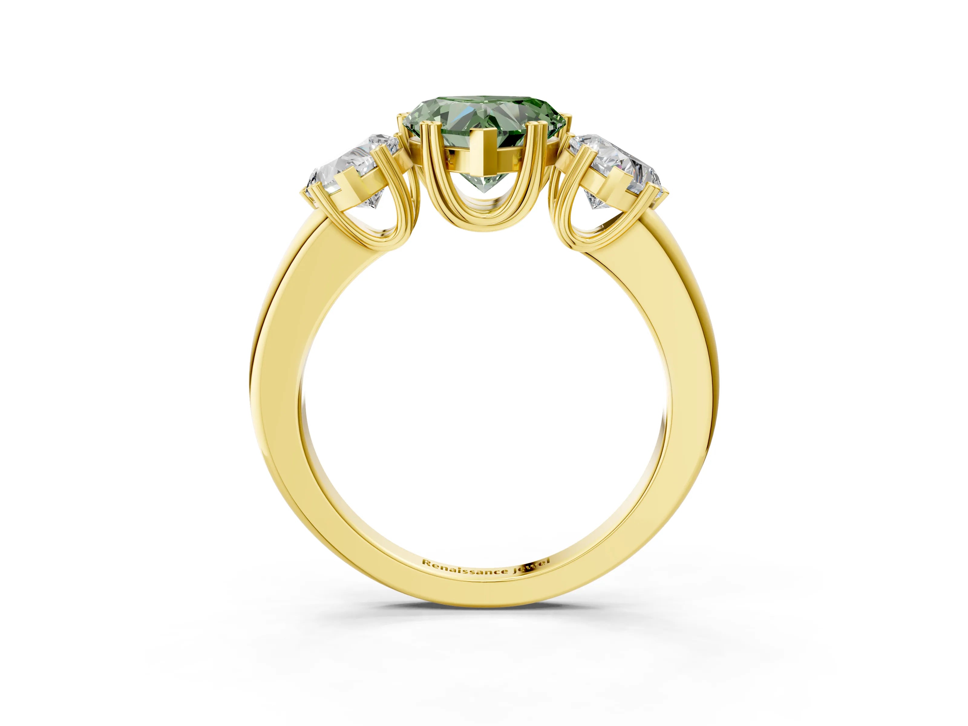 Yellow gold Three-Stone Fancy Green Heart Cut Cut Diamond Ring with Channel Set Band and Four-Prong Setting_3