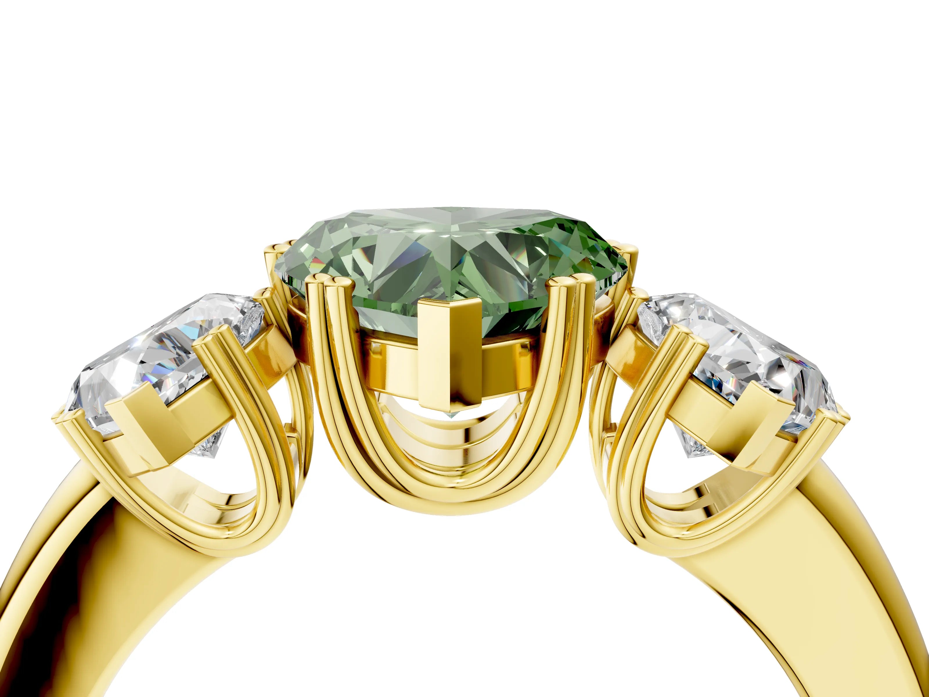Yellow gold Three-Stone Fancy Green Heart Cut Cut Diamond Ring with Channel Set Band and Four-Prong Setting_4