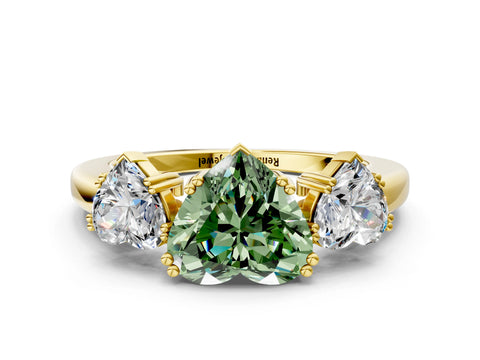 Yellow gold Three-Stone Fancy Green Heart Cut Cut Diamond Ring with Channel Set Band and Four-Prong Setting