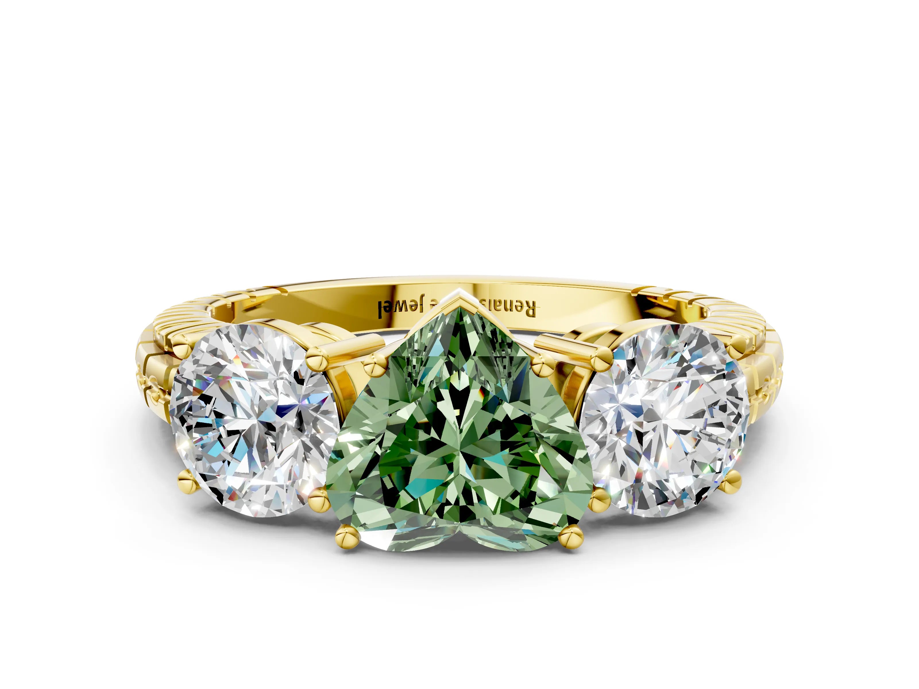 Yellow gold Three-Stone Fancy Green Heart Cut Cut Diamond Ring with Channel-Set Band and Prong Setting