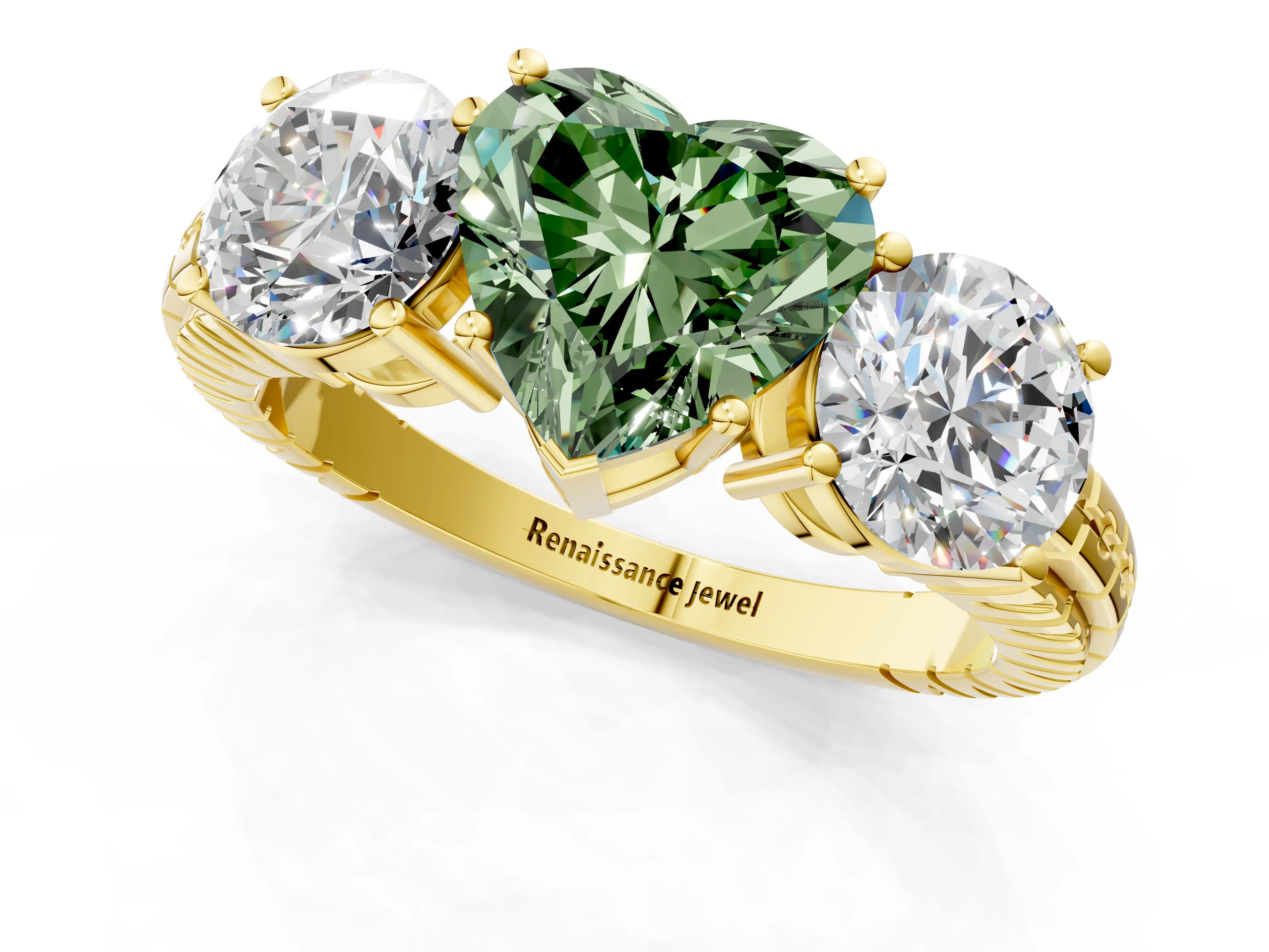Yellow gold Three-Stone Fancy Green Heart Cut Cut Diamond Ring with Channel-Set Band and Prong Setting_1