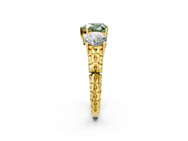 Yellow gold Three-Stone Fancy Green Heart Cut Cut Diamond Ring with Channel-Set Band and Prong Setting