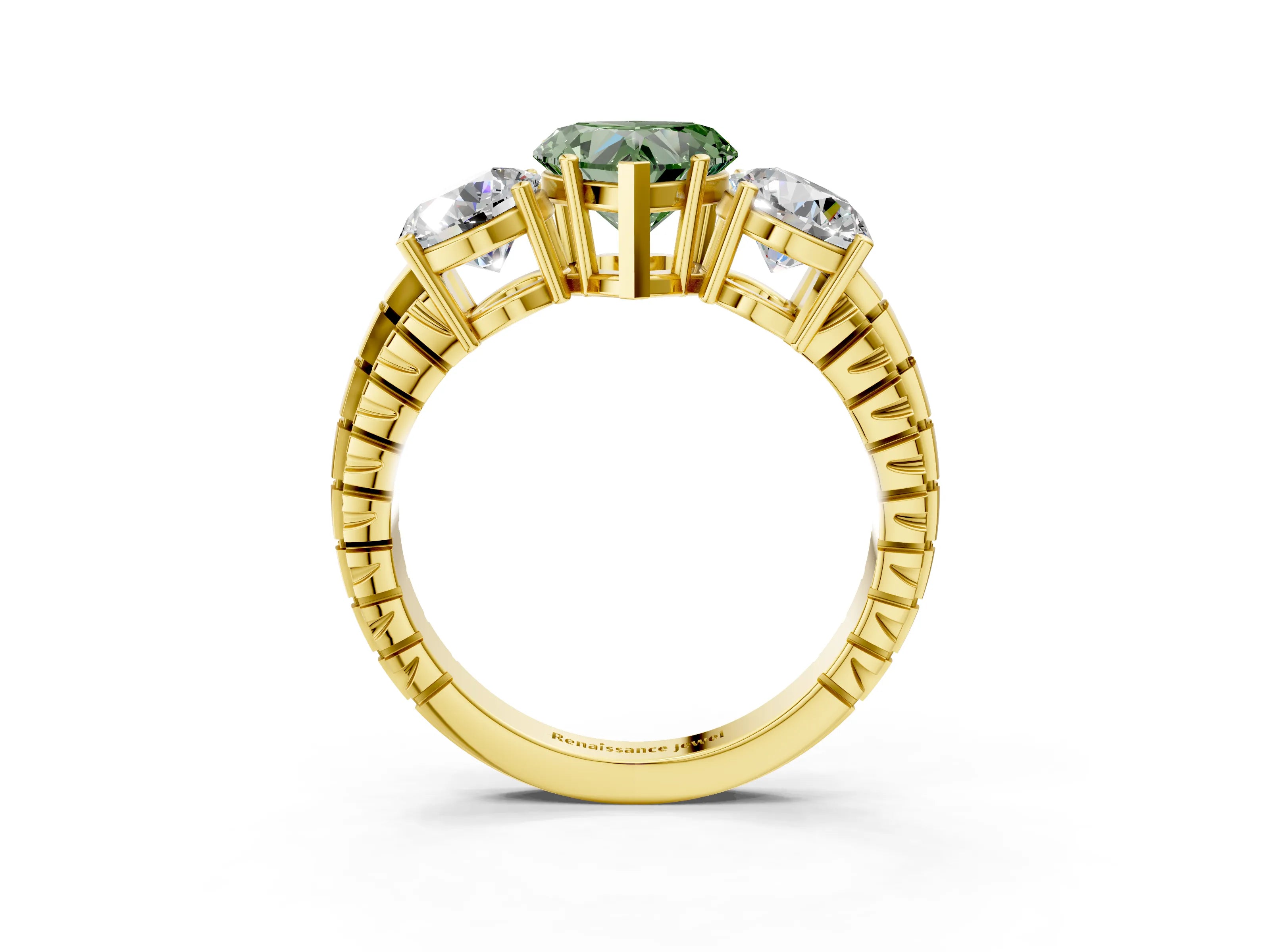 Yellow gold Three-Stone Fancy Green Heart Cut Cut Diamond Ring with Channel-Set Band and Prong Setting_3