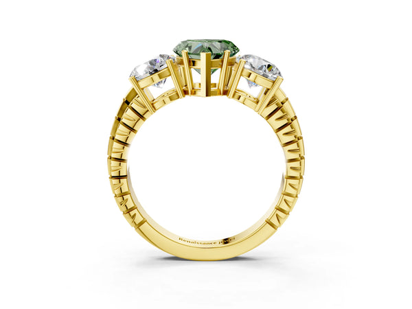 Yellow gold Three-Stone Fancy Green Heart Cut Cut Diamond Ring with Channel-Set Band and Prong Setting