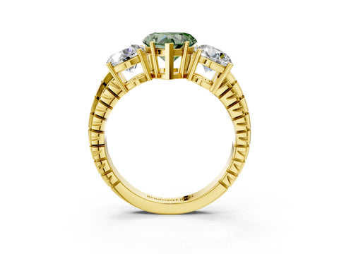 Yellow gold Three-Stone Fancy Green Heart Cut Cut Diamond Ring with Channel-Set Band and Prong Setting_3