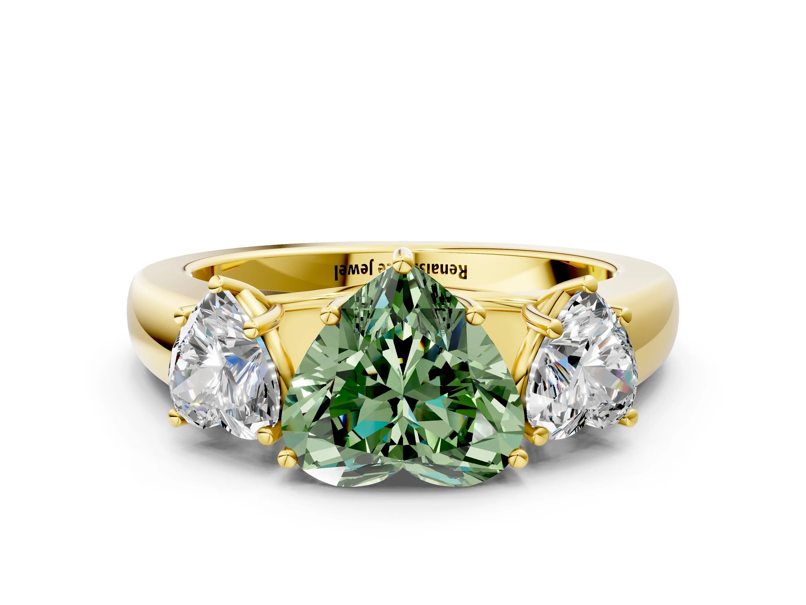 Yellow gold Three-Stone Fancy Green Heart Cut Cut Diamond Ring with Prong Setting and Classic Band