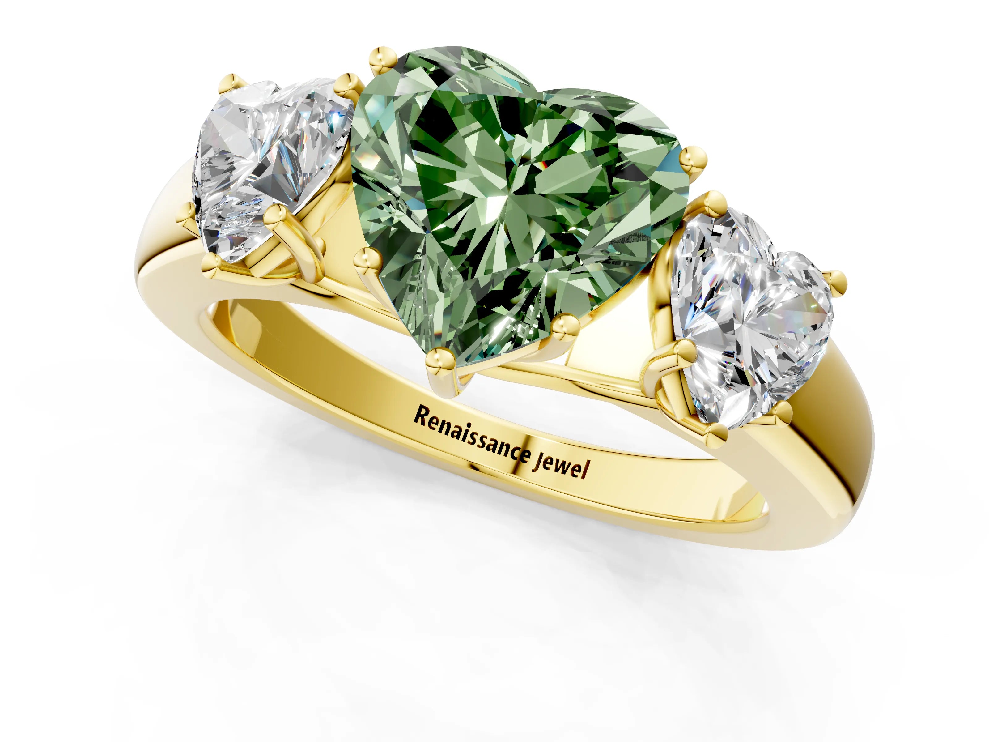 Yellow gold Three-Stone Fancy Green Heart Cut Cut Diamond Ring with Prong Setting and Classic Band_1