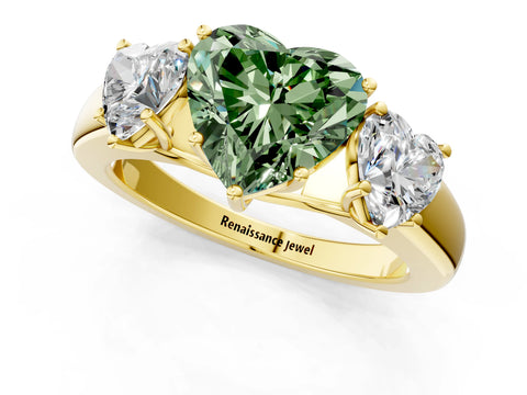 Yellow gold Three-Stone Fancy Green Heart Cut Cut Diamond Ring with Prong Setting and Classic Band_1