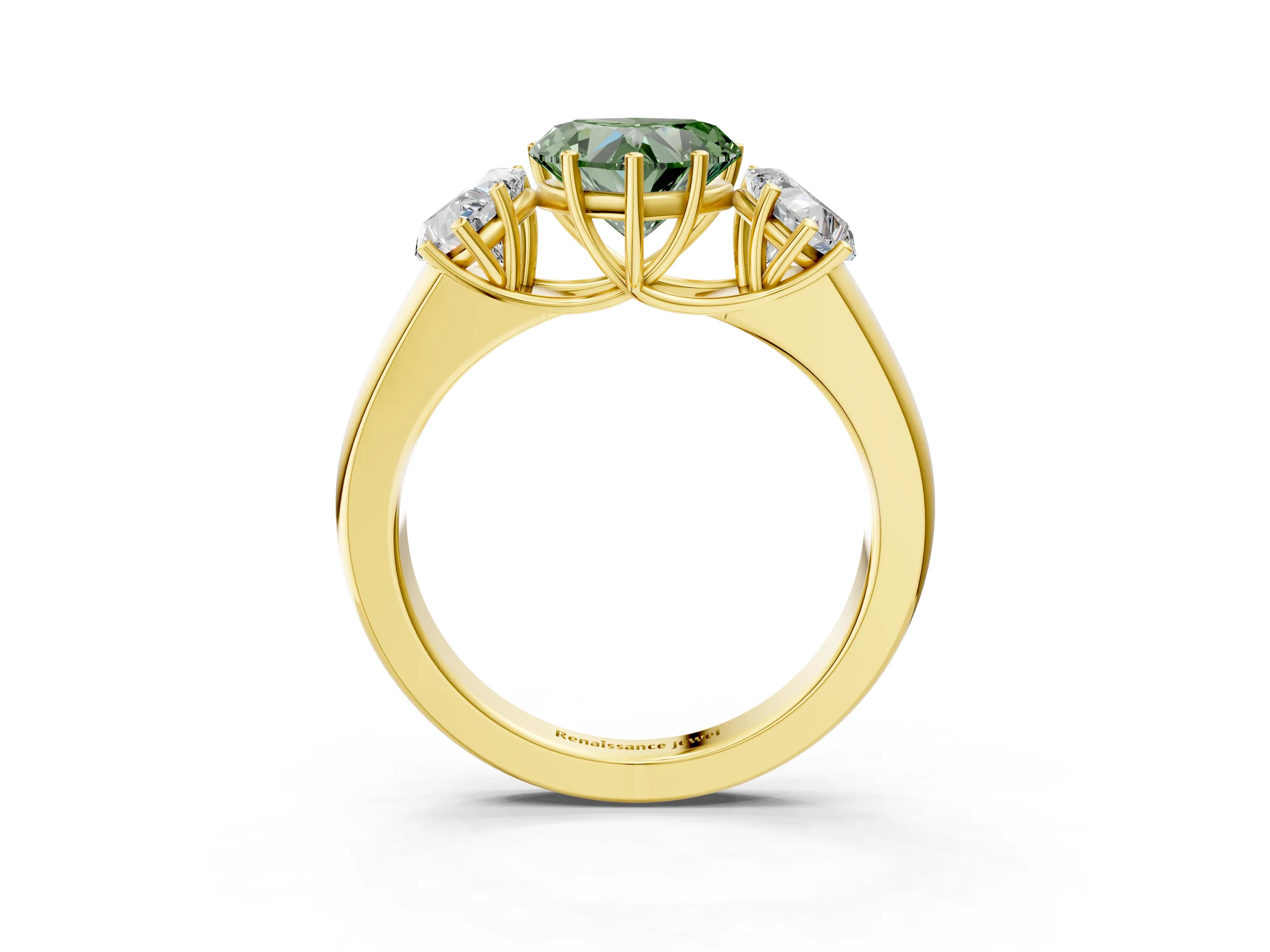 Yellow gold Three-Stone Fancy Green Heart Cut Cut Diamond Ring with Prong Setting and Classic Band_3