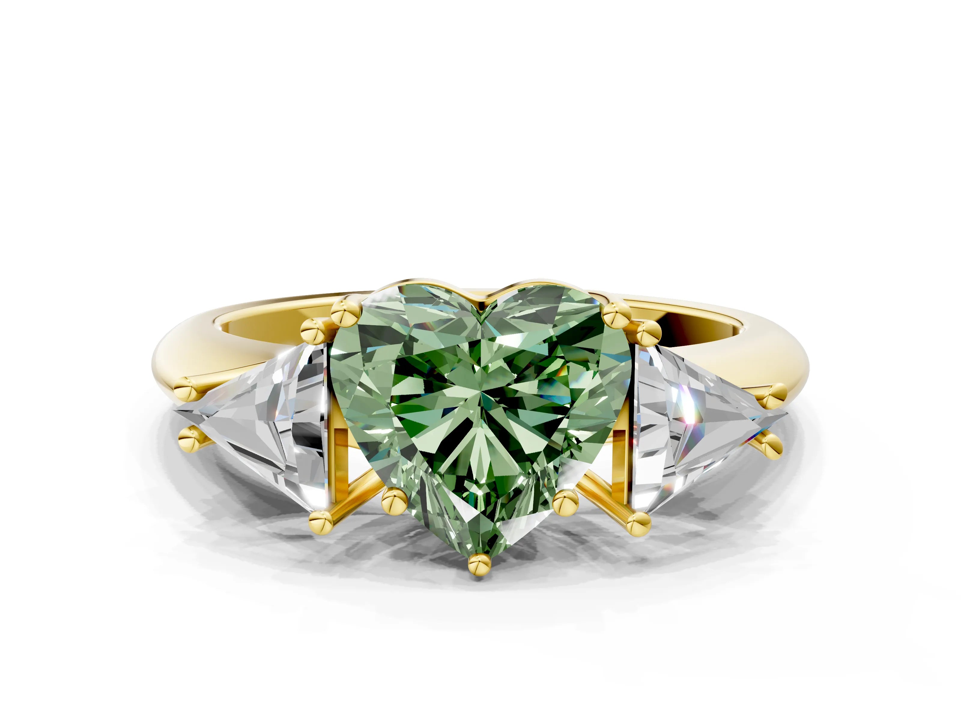 Yellow gold Three-Stone Fancy Green Heart Cut Cut Diamond Ring with Trillion Side Stones and Four-Prong Setting_3