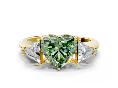 Yellow gold Three-Stone Fancy Green Heart Cut Cut Diamond Ring with Trillion Side Stones and Four-Prong Setting_3