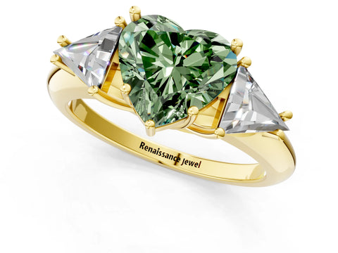 Yellow gold Three-Stone Fancy Green Heart Cut Cut Diamond Ring with Trillion Side Stones and Four-Prong Setting_4