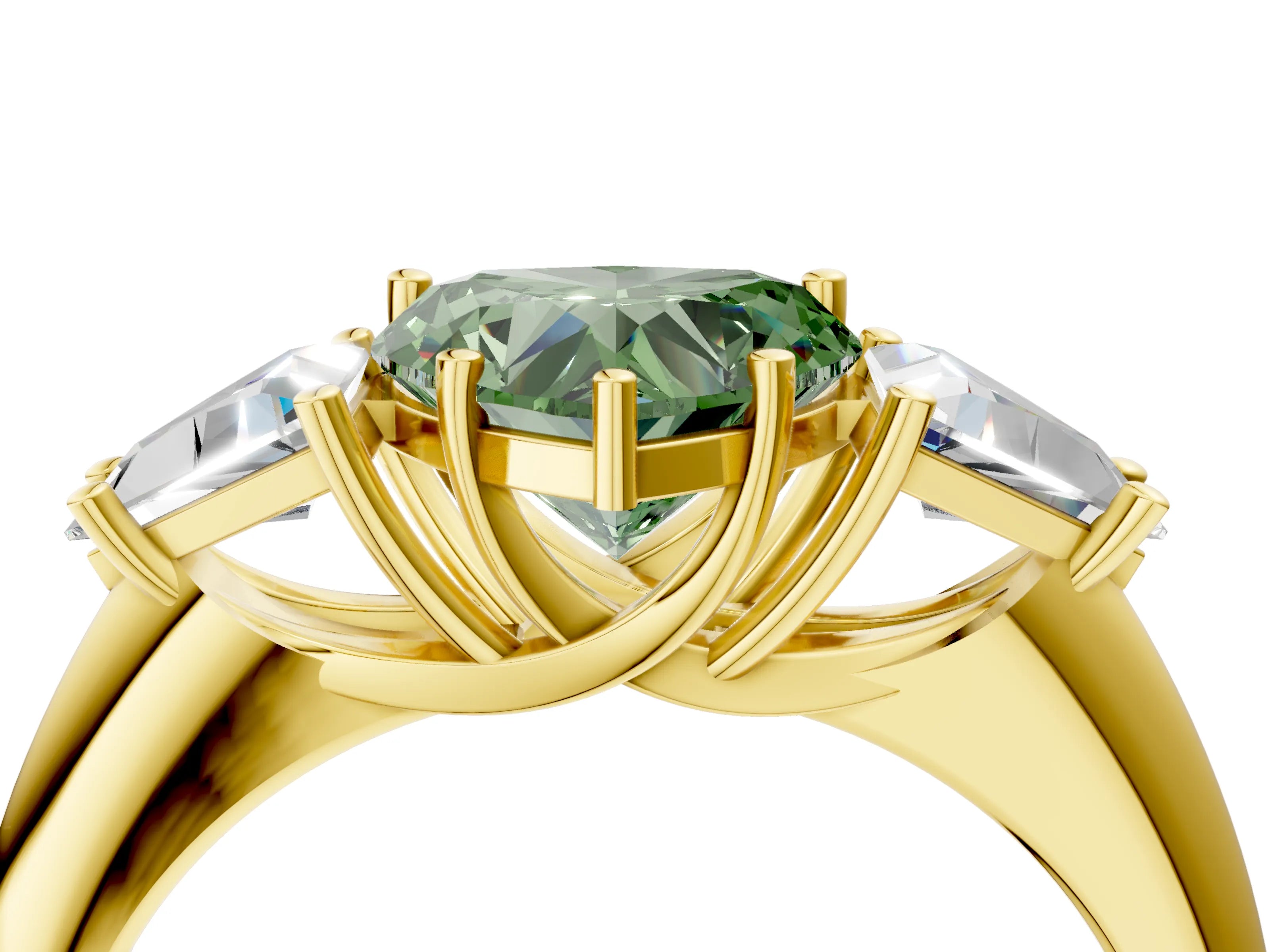 Yellow gold Three-Stone Fancy Green Heart Cut Cut Diamond Ring with Trillion Side Stones and Four-Prong Setting_7