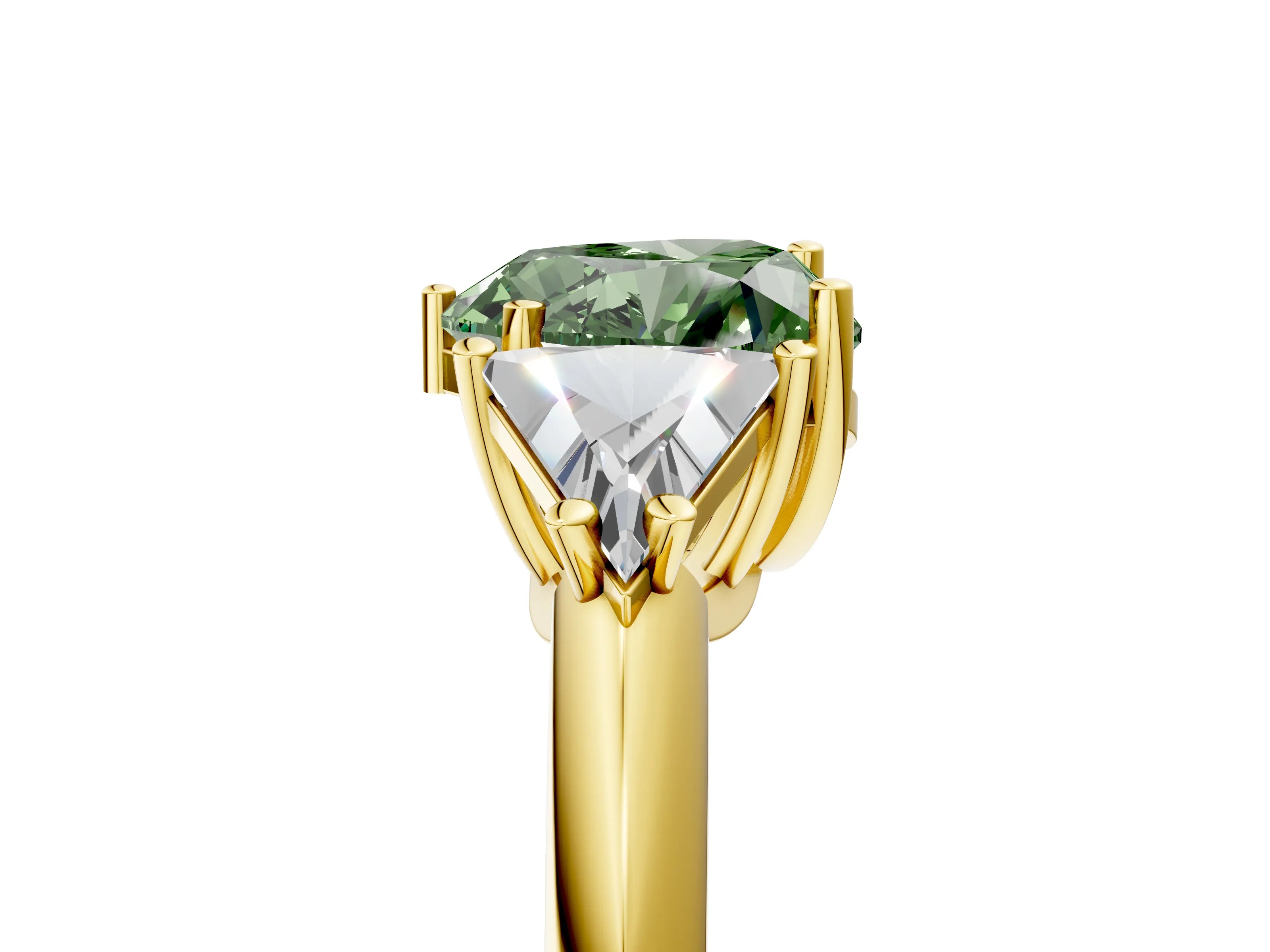 Yellow gold Three-Stone Fancy Green Heart Cut Cut Diamond Ring with Trillion Side Stones and Four-Prong Setting_8