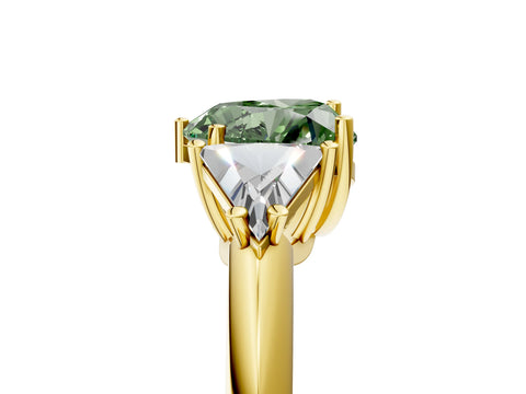 Yellow gold Three-Stone Fancy Green Heart Cut Cut Diamond Ring with Trillion Side Stones and Four-Prong Setting_8