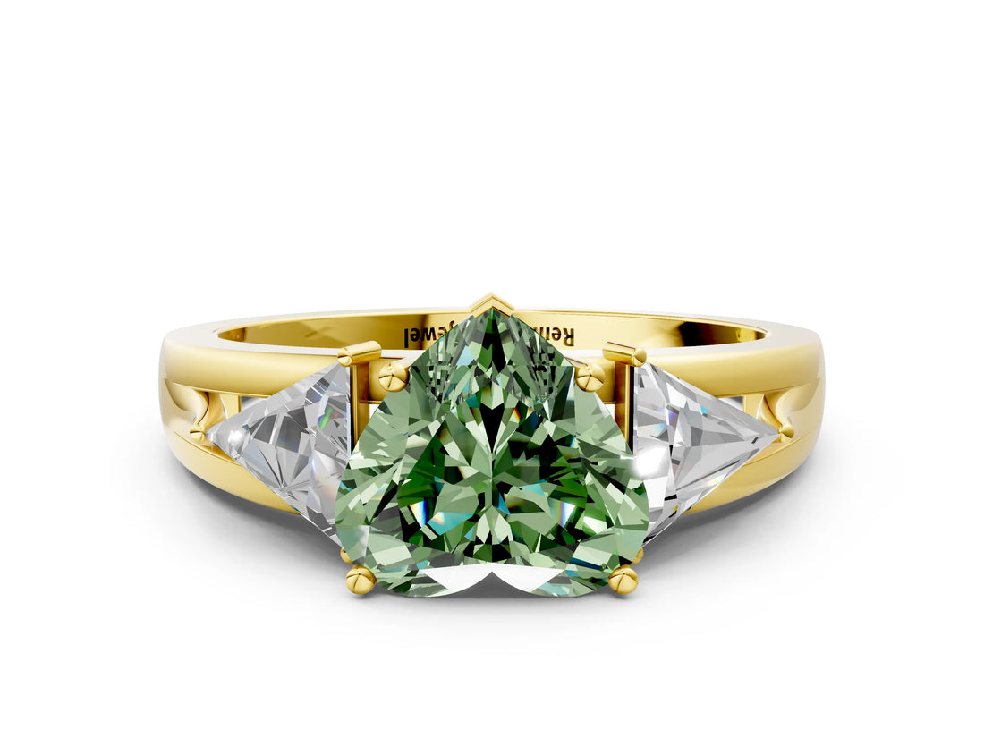 Yellow gold Three-Stone Fancy Green Heart Cut Cut Diamond Ring with Trillion Side Stones on a Split Shank Band