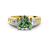 Yellow gold Three-Stone Fancy Green Heart Cut Cut Diamond Ring with Trillion Side Stones on a Split Shank Band