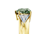 Yellow gold Three-Stone Fancy Green Heart Cut Cut Diamond Ring with Trillion Side Stones on a Split Shank Band_5