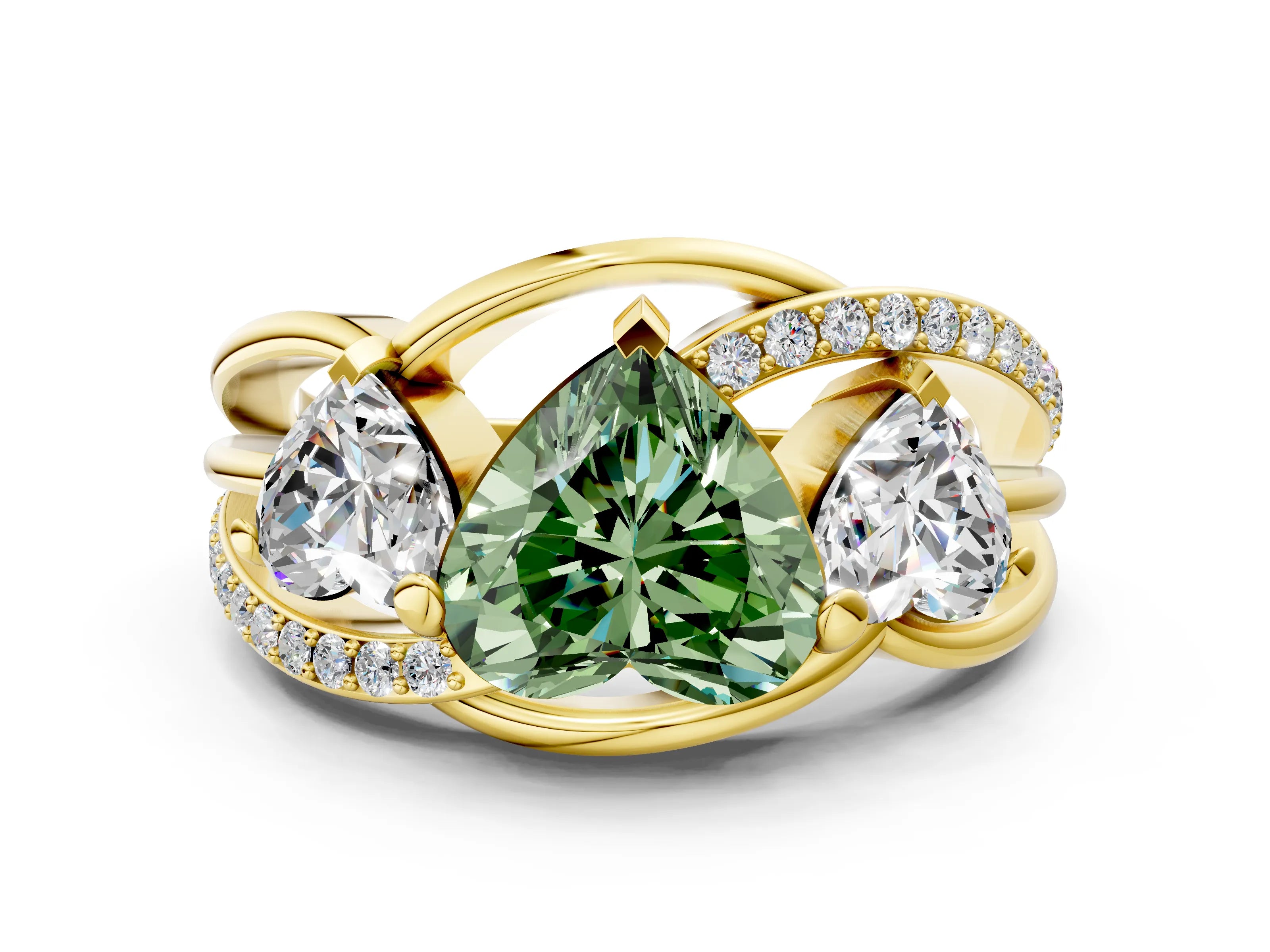 Yellow gold Three-Stone Fancy Green Heart Cut Cut Diamond Split Shank Prong Set Ring