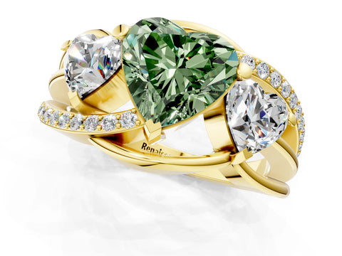 Yellow gold Three-Stone Fancy Green Heart Cut Cut Diamond Split Shank Prong Set Ring_1