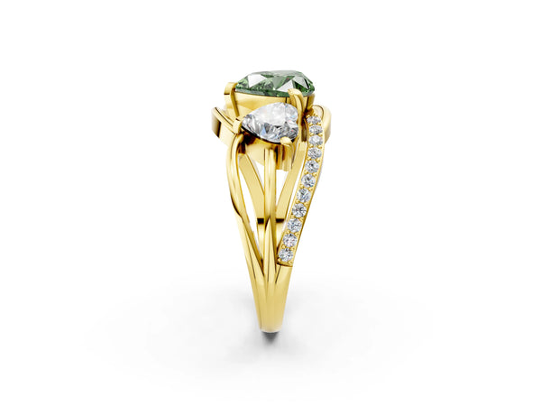 Yellow Gold Heart-Shaped Three Stone Split Shank Engagement Ring Setting for Fancy Green Center