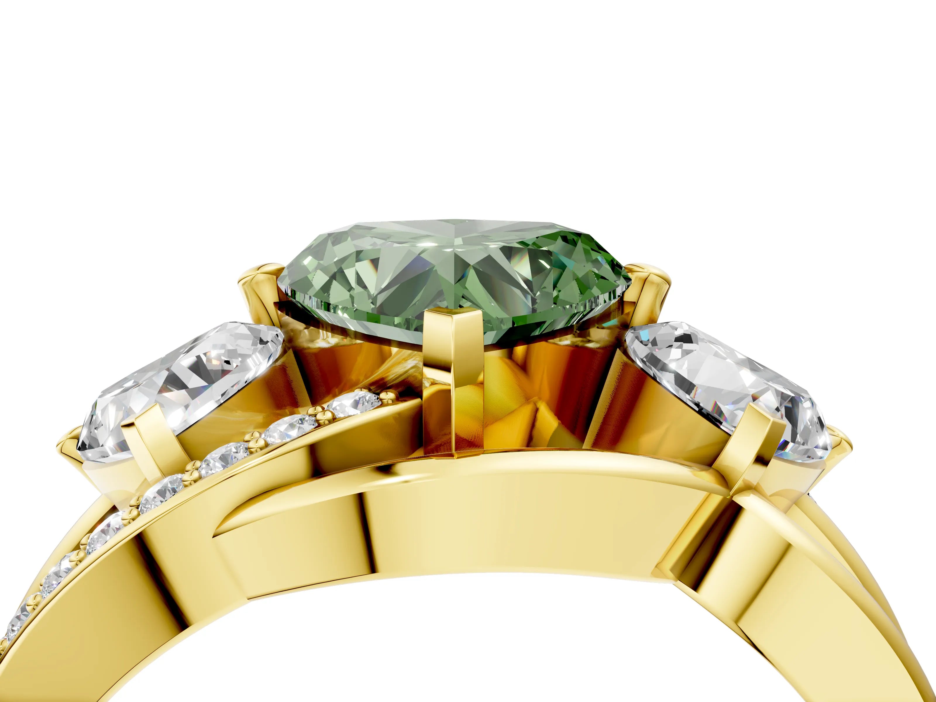 Yellow gold Three-Stone Fancy Green Heart Cut Cut Diamond Split Shank Prong Set Ring_4