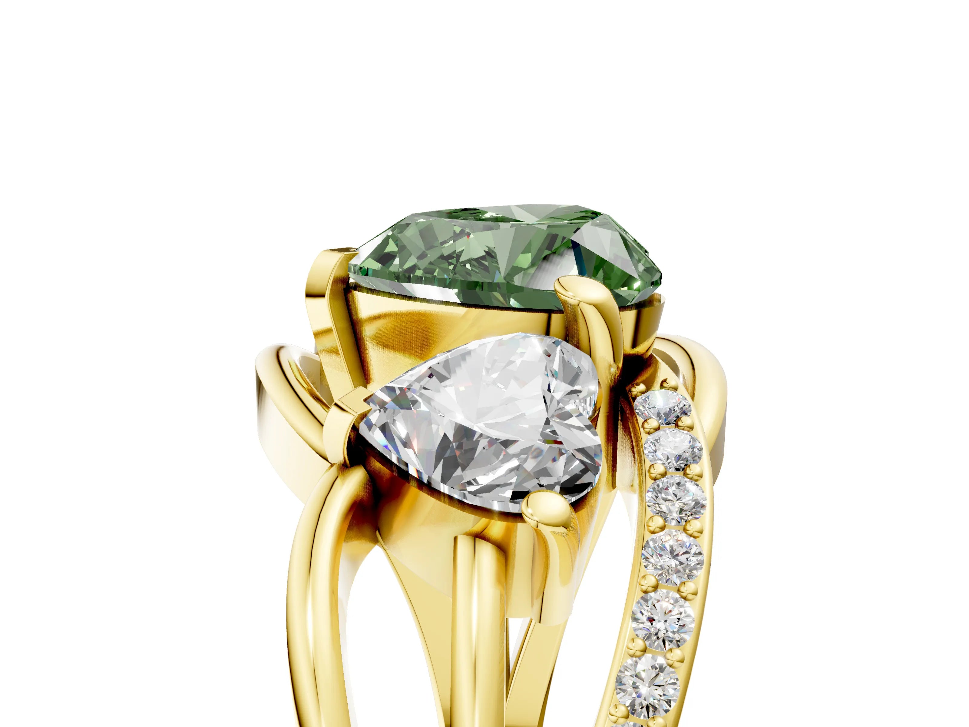 Yellow gold Three-Stone Fancy Green Heart Cut Cut Diamond Split Shank Prong Set Ring_5